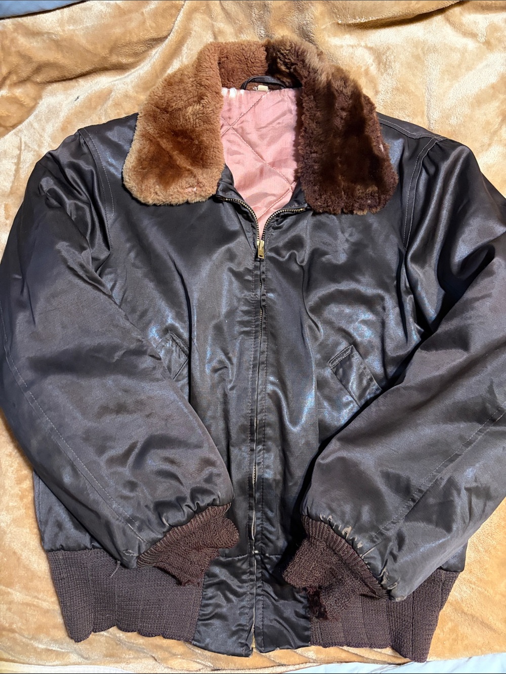 Vintage Brown Faux-Fur Collar Bomber Jacket